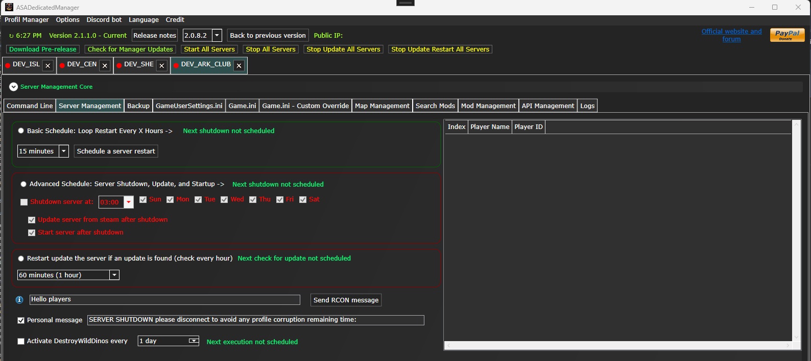 Screenshot of ASADedicatedManager management interface