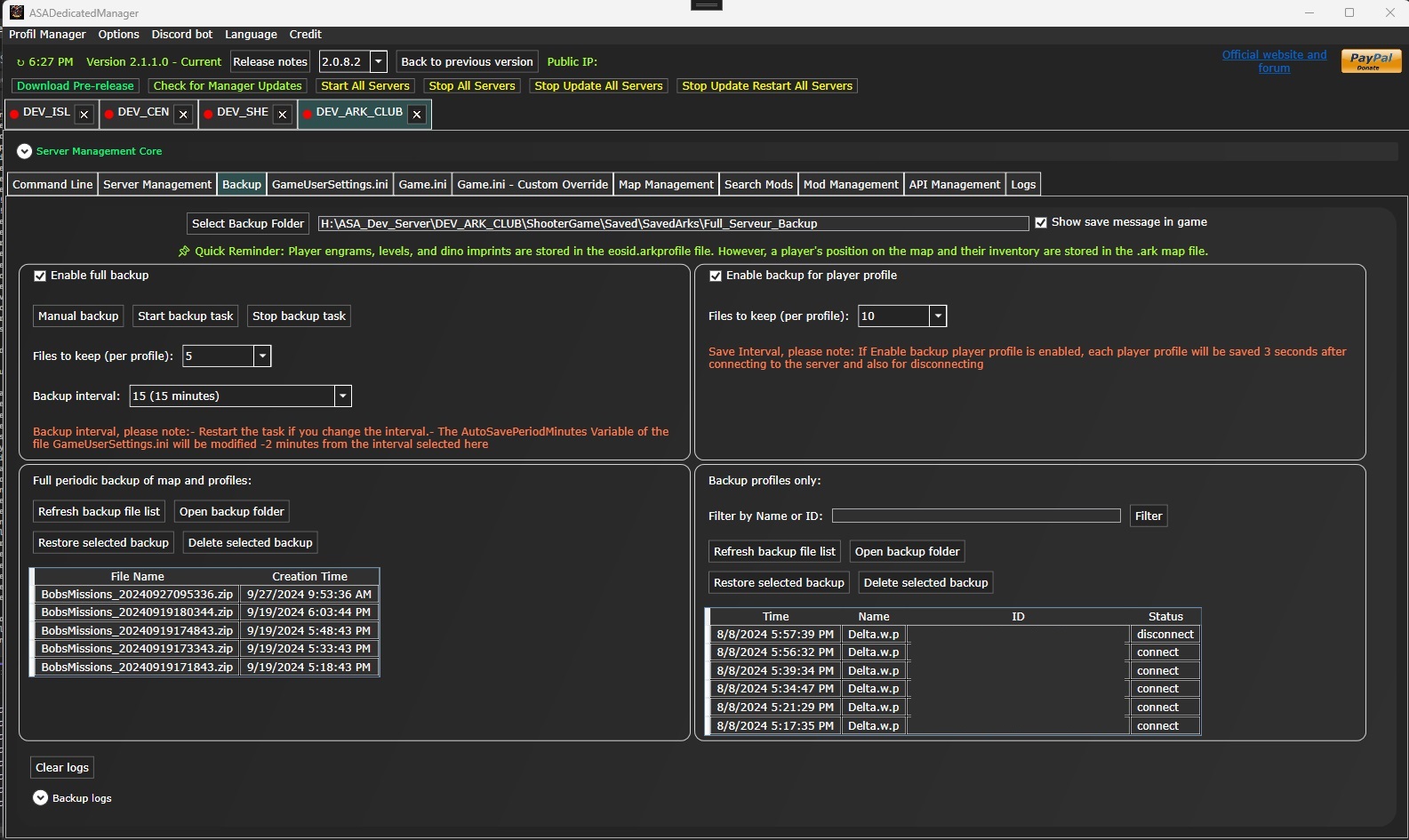 Screenshot of ASADedicatedManager backup interface