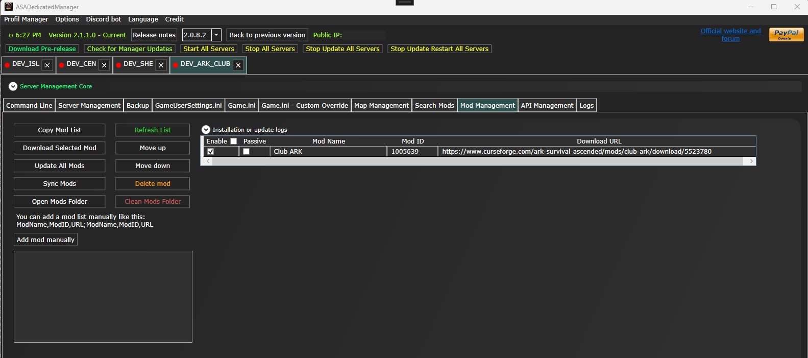 Screenshot of ASADedicatedManager mods management interface